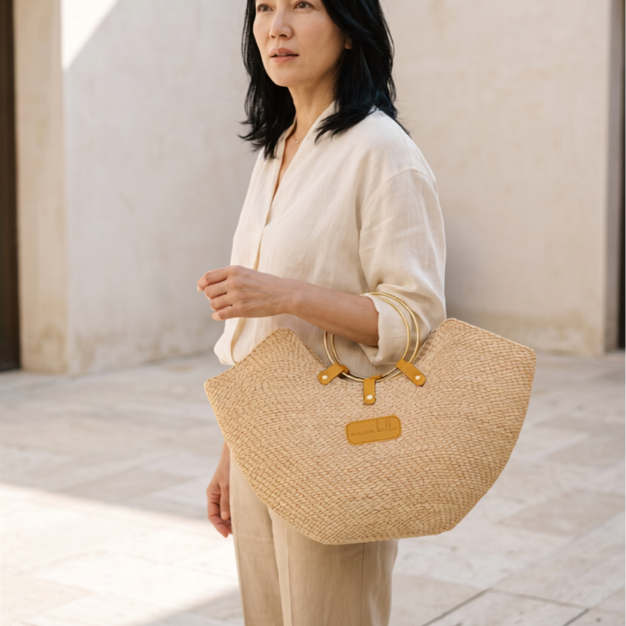 The Jua — Woven Straw Beach Bag with Brass Handles