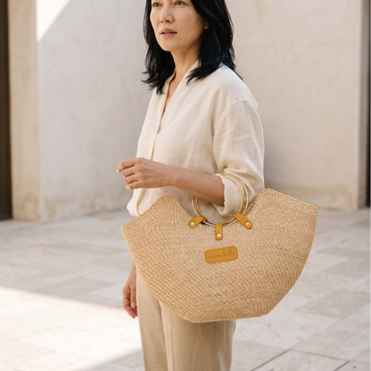 The Jua — Woven Straw Beach Bag with Brass Handles