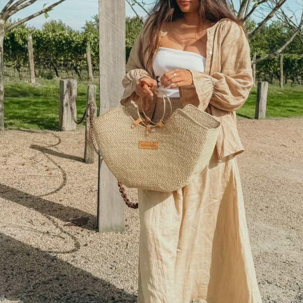 The Jua — Woven Straw Beach Bag with Brass Handles