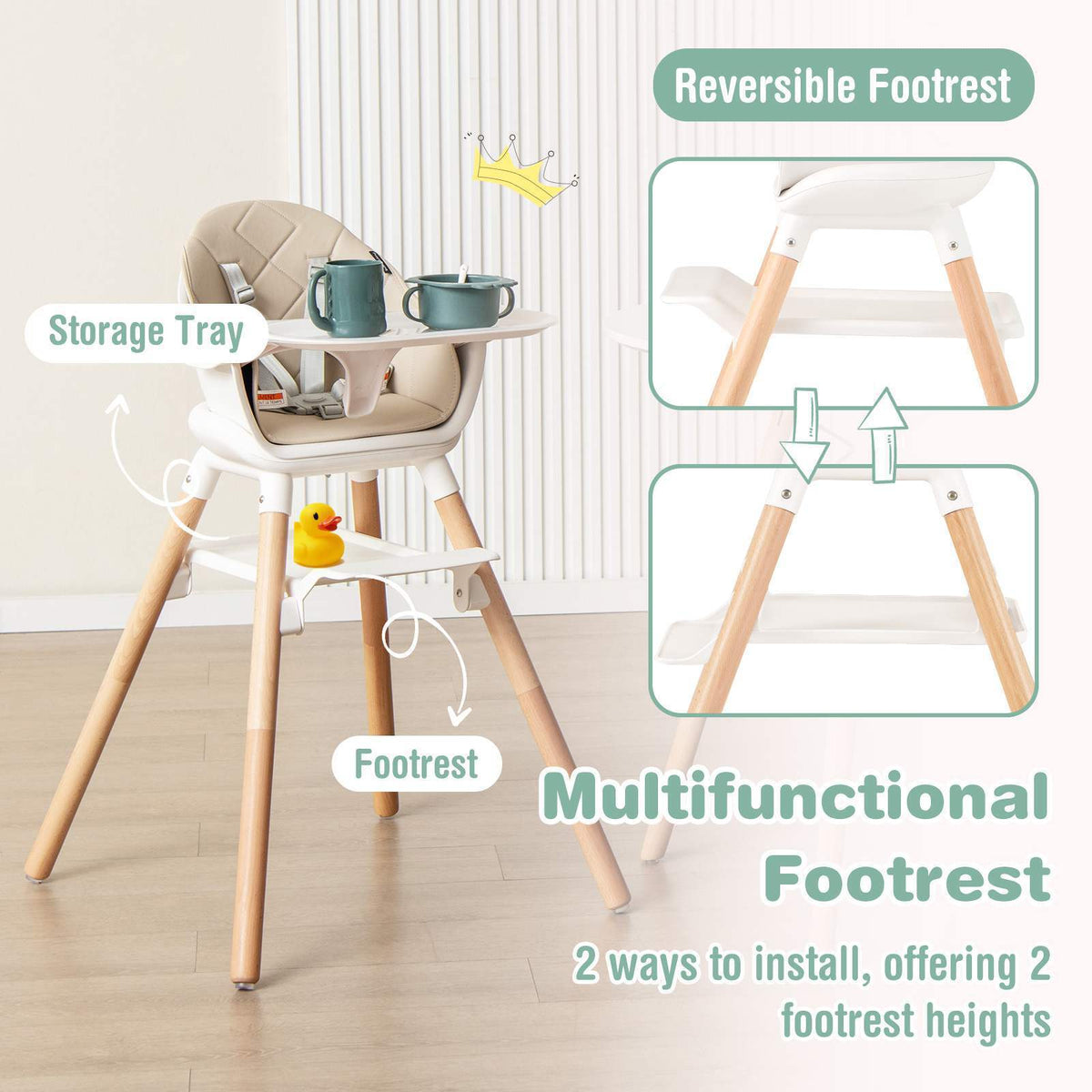 BABY JOY 6-in-1 Convertible Wooden High Chair Baby Highchair up to 6 Years Old